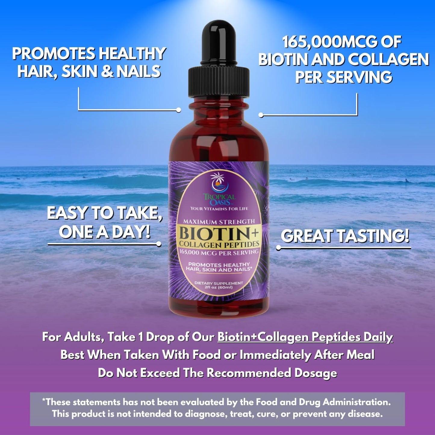 Liquid Biotin & Collagen Drops for Hair Growth - Maximum Strength 165,000mcg Formula for Women & Men - Supports Healthy Hair, Skin, Nails - High Absorption, Non-GMO - 60 Servings