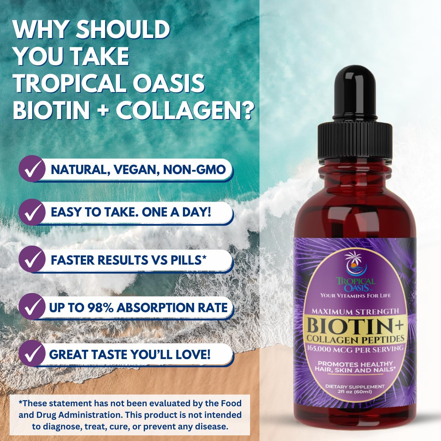 Liquid Biotin & Collagen Drops for Hair Growth - Maximum Strength 165,000mcg Formula for Women & Men - Supports Healthy Hair, Skin, Nails - High Absorption, Non-GMO - 60 Servings