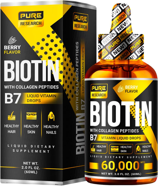 Liquid Biotin & Collagen Hair Growth Drops - 60,000mcg Supplement for Glowing Skin, Healthy Hair & Nails - Men & Women - 2oz