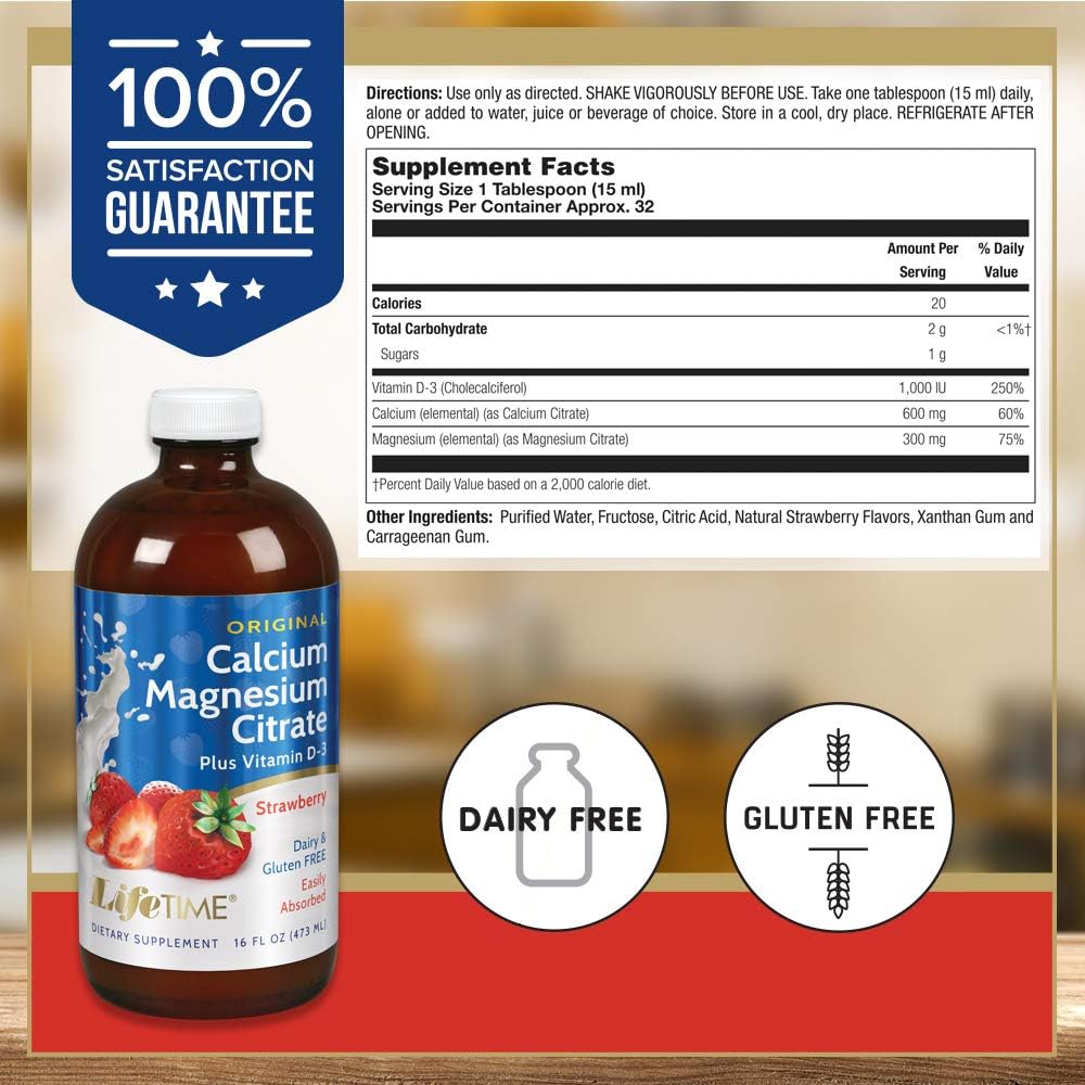 Liquid Calcium Magnesium Citrate Supplement with Natural Strawberry Flavor - 16 fl. oz. Bottle from LifeTime Vitamins