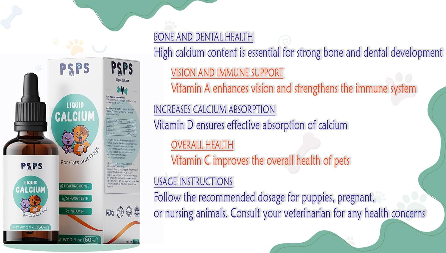Liquid Calcium Supplement for Pets with Vitamin A, C, D - Supports Bone Strength, Immunity, and Wellness - 2oz