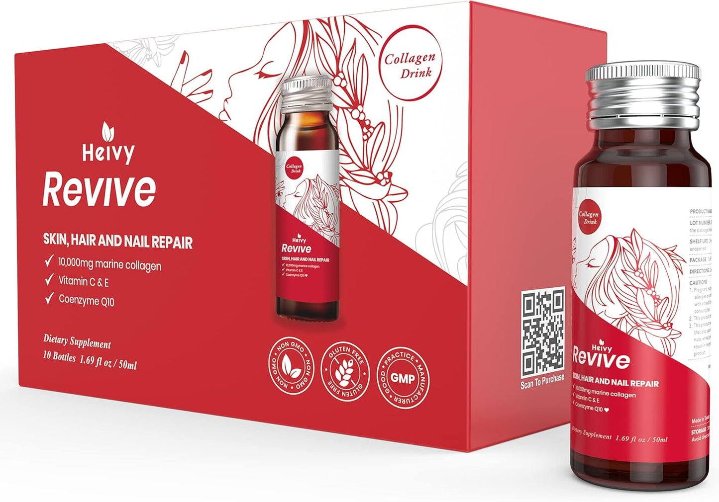Liquid Collagen Drink for Women - 10,000mg Marine Collagen Peptides - Hair Growth, Skin Repair, Nail Strength - 1.69 Fl Oz x 10 Pack