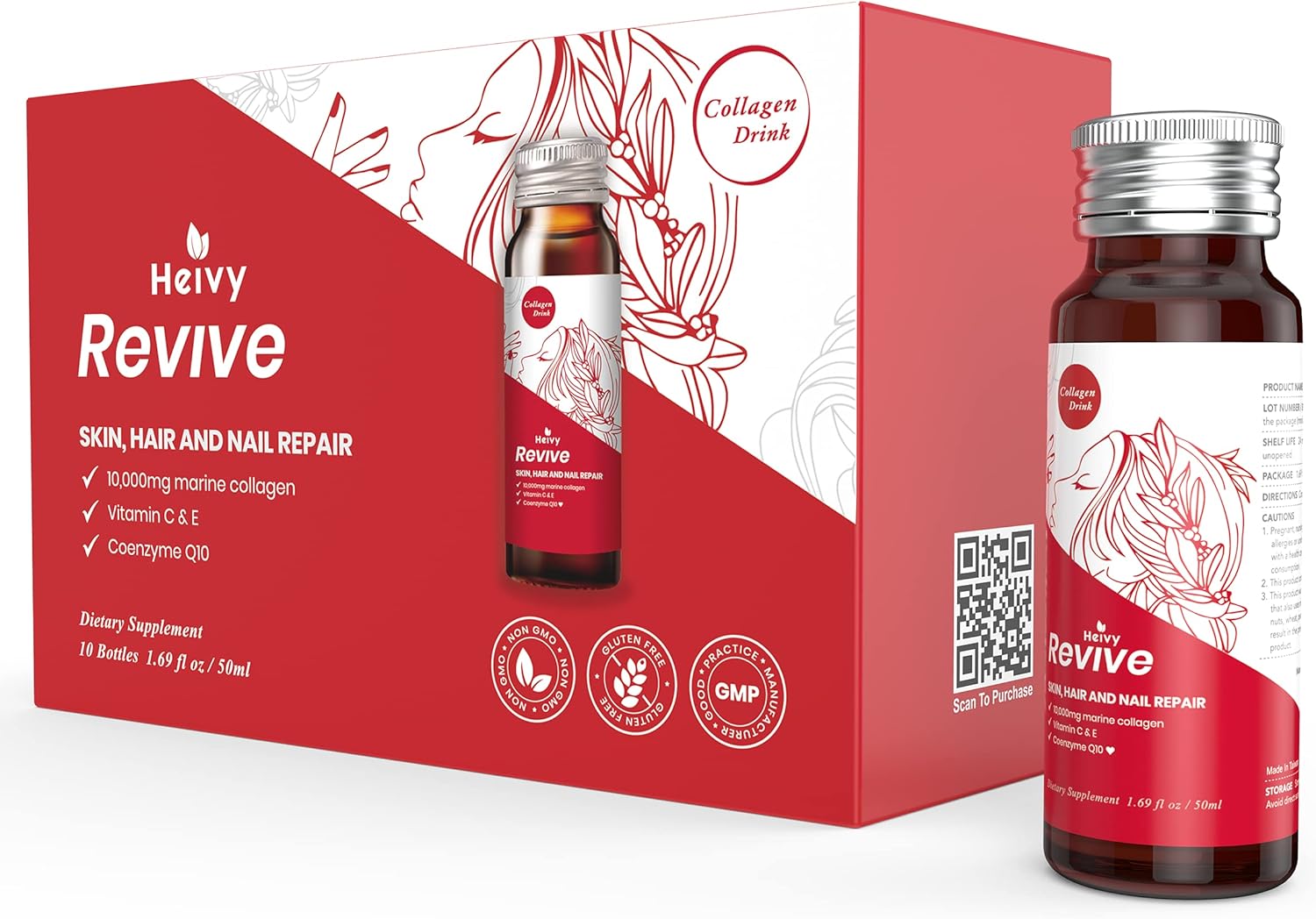 Liquid Collagen Drink for Women - 10,000mg Marine Collagen Peptides - Hair Growth, Skin Repair, Nail Strength - 1.69 Fl Oz x 10 Pack