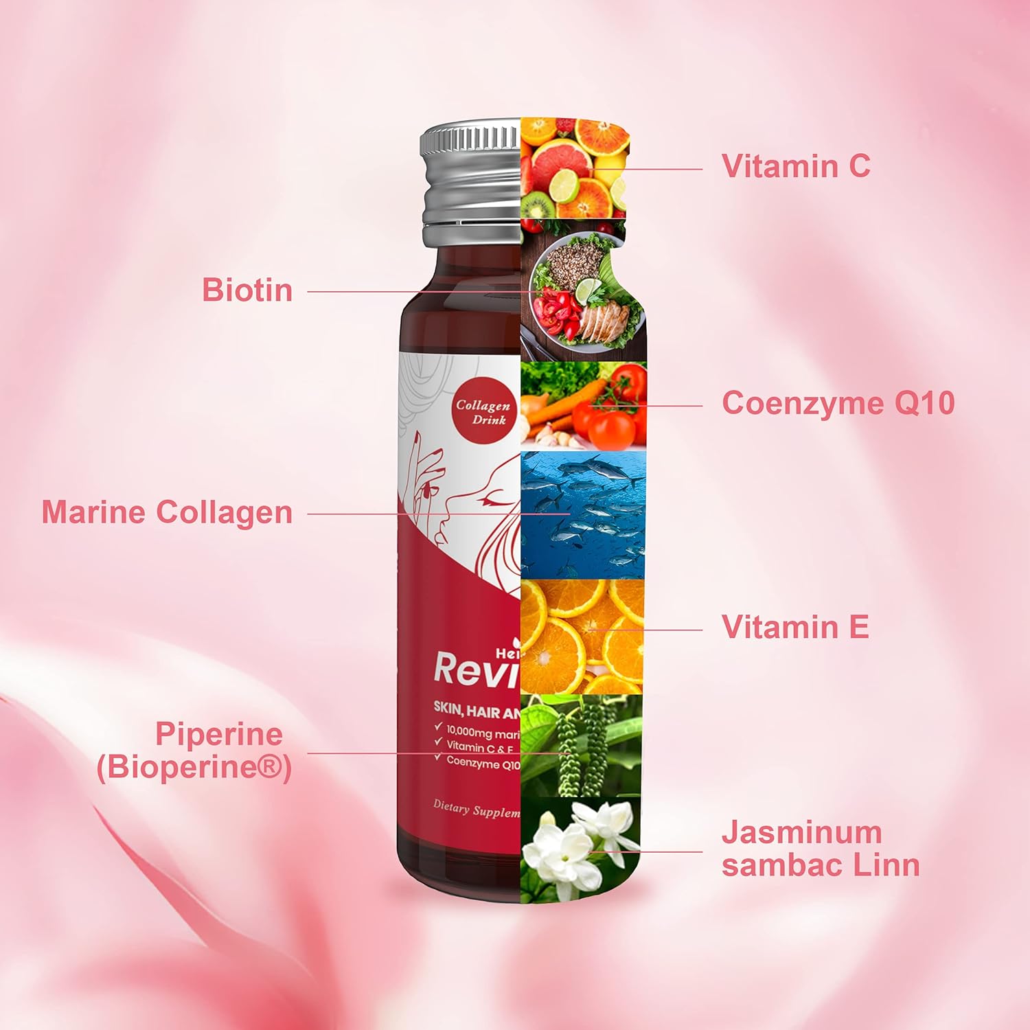 Liquid Collagen Drink for Women - 10,000mg Marine Collagen Peptides - Hair Growth, Skin Repair, Nail Strength - 1.69 Fl Oz x 10 Pack