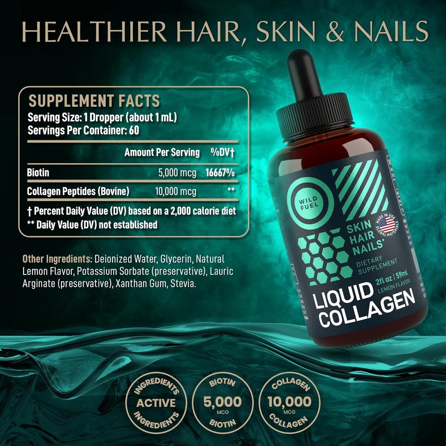 Liquid Collagen Peptides with Biotin Drops - Youthful Skin, Hair Growth, Strong Nails - 10,000mcg Collagen, 5,000mcg Biotin - Lemon Flavor - 2x2oz
