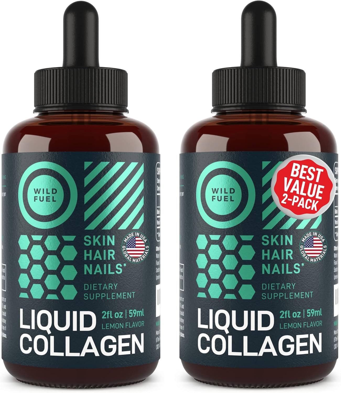 Liquid Collagen Peptides with Biotin Drops - Youthful Skin, Hair Growth, Strong Nails - 10,000mcg Collagen, 5,000mcg Biotin - Lemon Flavor - 2x2oz