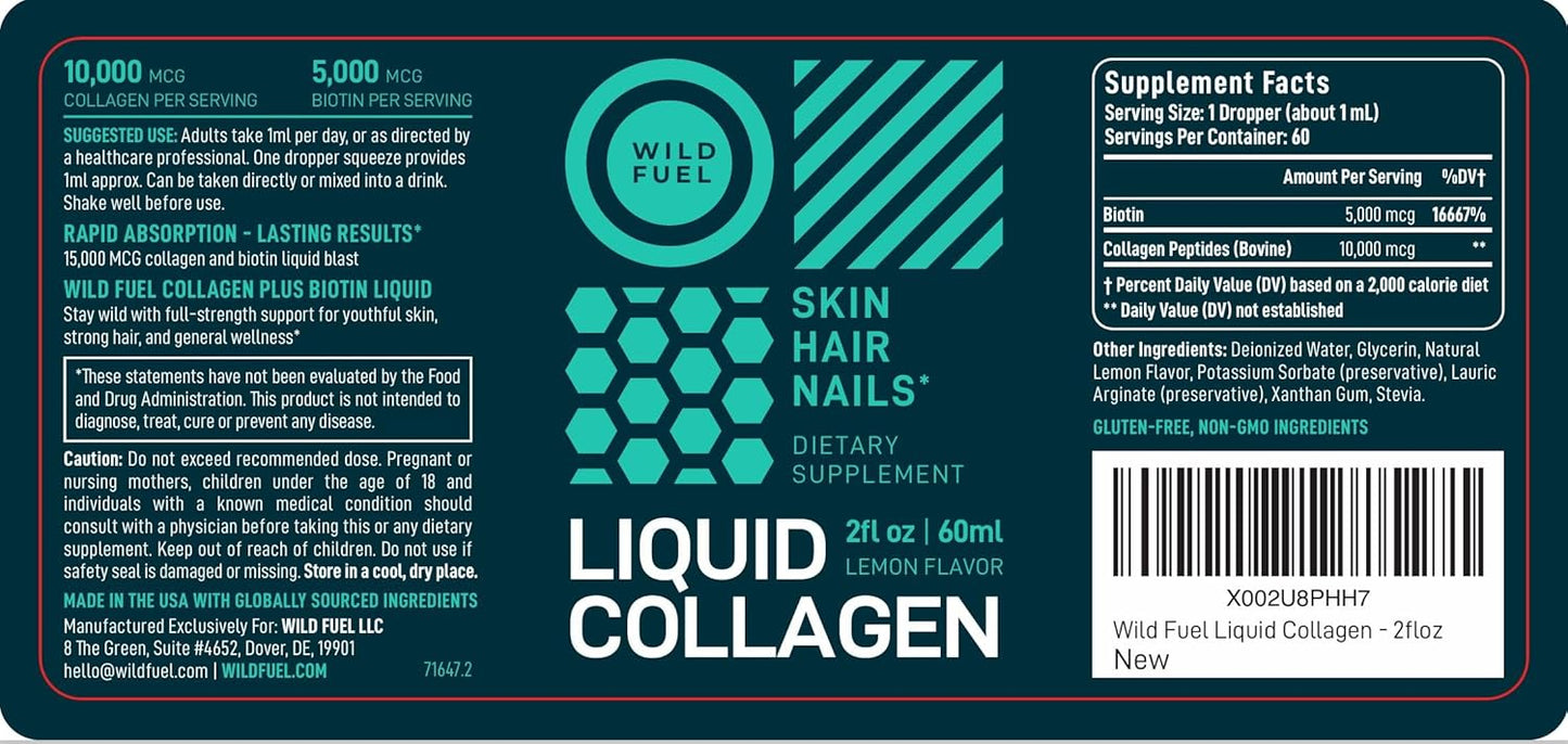 Liquid Collagen Peptides with Biotin Drops - Youthful Skin, Hair Growth, Strong Nails - 10,000mcg Collagen, 5,000mcg Biotin - Lemon Flavor - 2x2oz