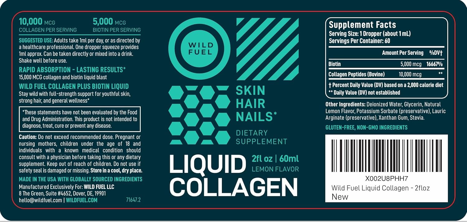 Liquid Collagen Peptides with Biotin Drops - Youthful Skin, Hair Growth, Strong Nails - 10,000mcg Collagen, 5,000mcg Biotin - Lemon Flavor - 2x2oz