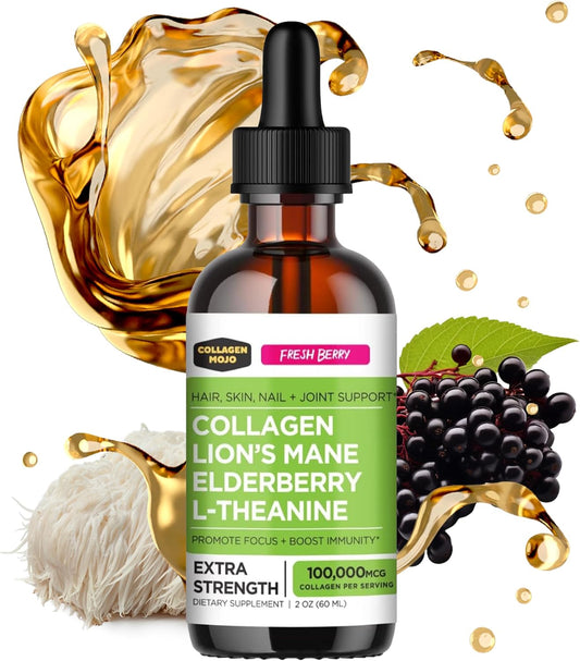 Liquid Collagen Peptides with Lion's Mane Mushroom & Elderberry - Hair, Skin, Nails & Joint Support - High Absorption Formula for Men & Women - 100,000mcg, 2 Oz