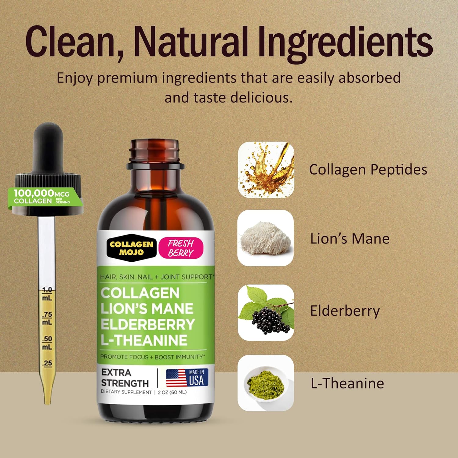 Liquid Collagen Peptides with Lion's Mane Mushroom & Elderberry - Hair, Skin, Nails & Joint Support - High Absorption Formula for Men & Women - 100,000mcg, 2 Oz