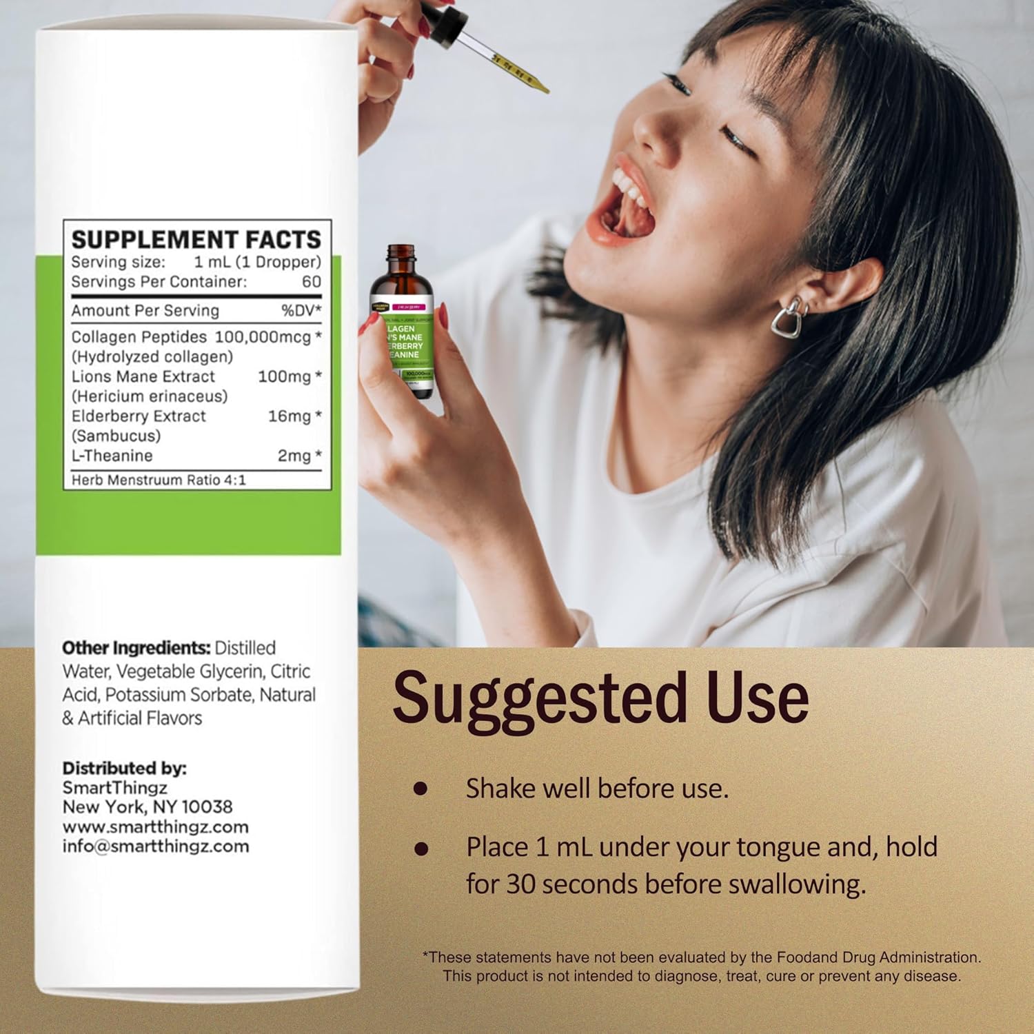 Liquid Collagen Peptides with Lion's Mane Mushroom & Elderberry - Hair, Skin, Nails & Joint Support - High Absorption Formula for Men & Women - 100,000mcg, 2 Oz