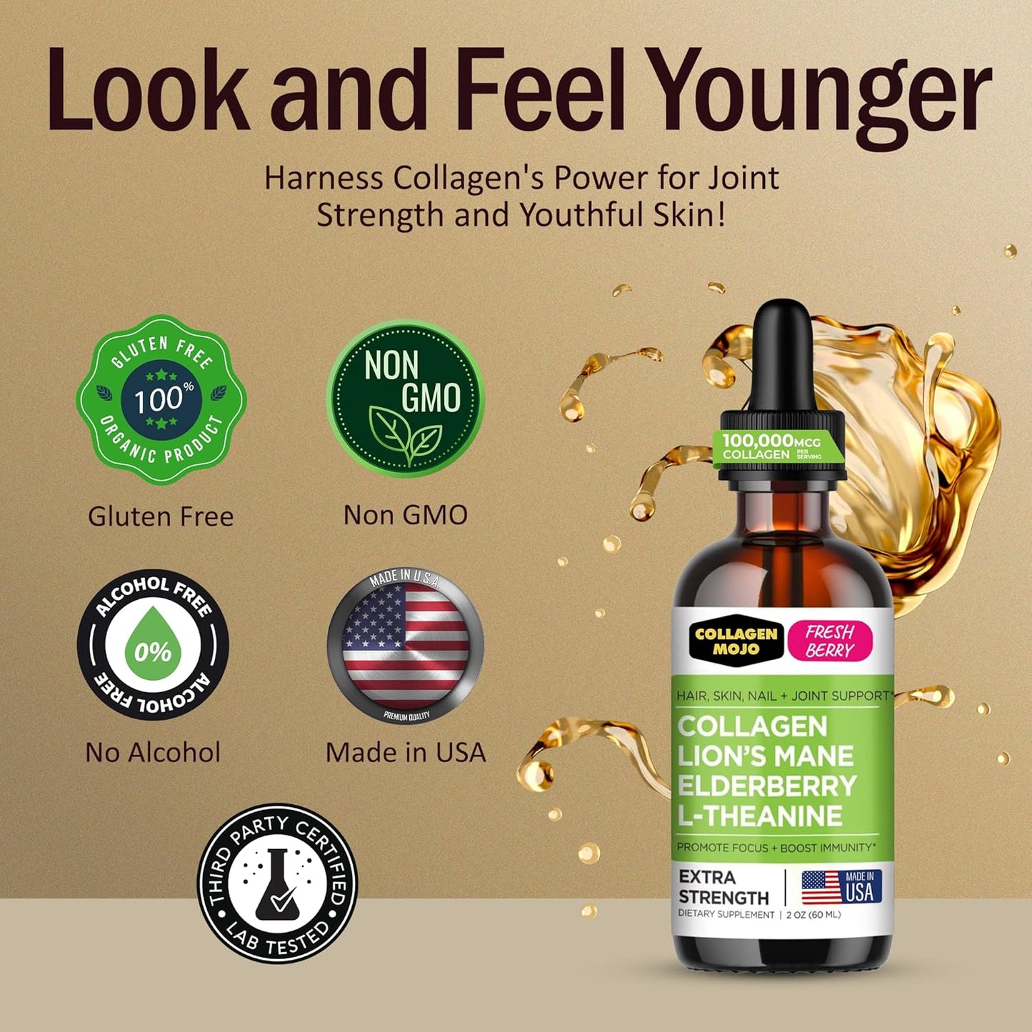 Liquid Collagen Peptides with Lion's Mane Mushroom & Elderberry - Hair, Skin, Nails & Joint Support - High Absorption Formula for Men & Women - 100,000mcg, 2 Oz