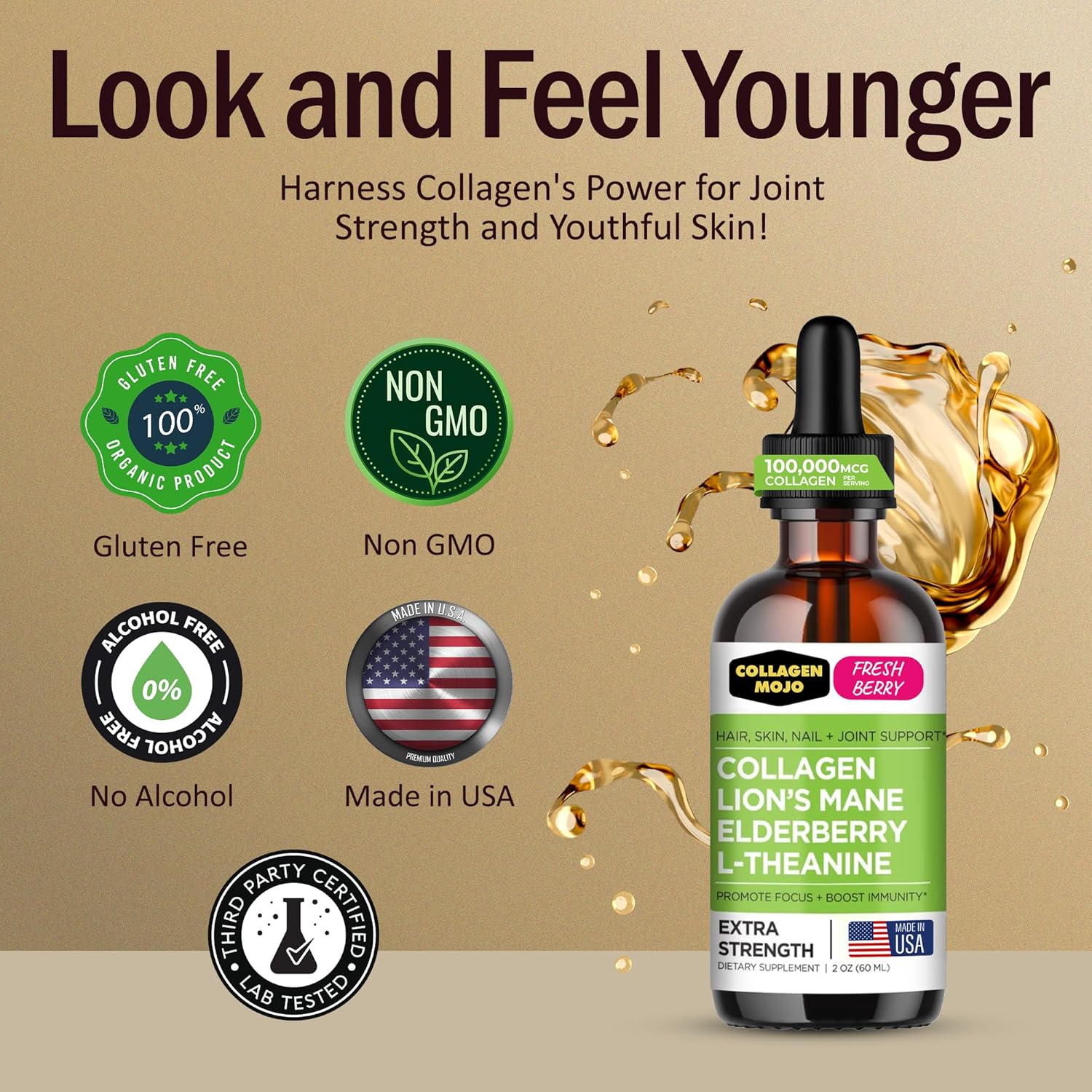Liquid Collagen Peptides with Lion's Mane Mushroom & Elderberry - Hair, Skin, Nails & Joint Support - High Absorption Formula for Men & Women - 100,000mcg, 2 Oz