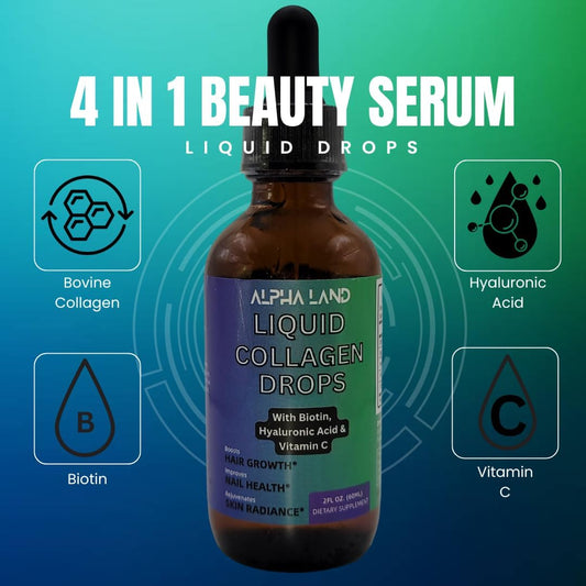 Liquid Collagen Serum Supplement with Hyaluronic Acid, Biotin, and Vitamin C for Skin Hydration, Hair Growth, and Nail Strength - Anti-Aging Beauty Formula