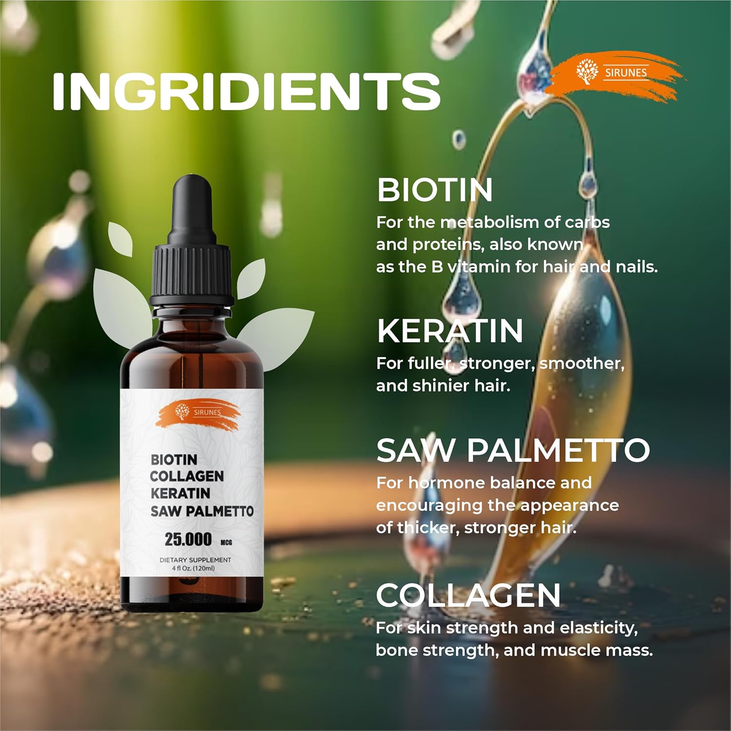 Liquid Collagen Supplement for Women - Hair Skin Nails Formula with Biotin, Keratin, Saw Palmetto - 4fl oz, Made in USA