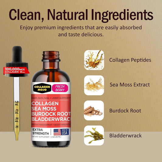 Liquid Collagen with Sea Moss, Burdock Root & Bladderwrack for Hair, Skin, Nails, Joints - 100,000mcg, 2 Oz - Women & Men's Collagen Peptides - Supports Weight Management & High Absorption