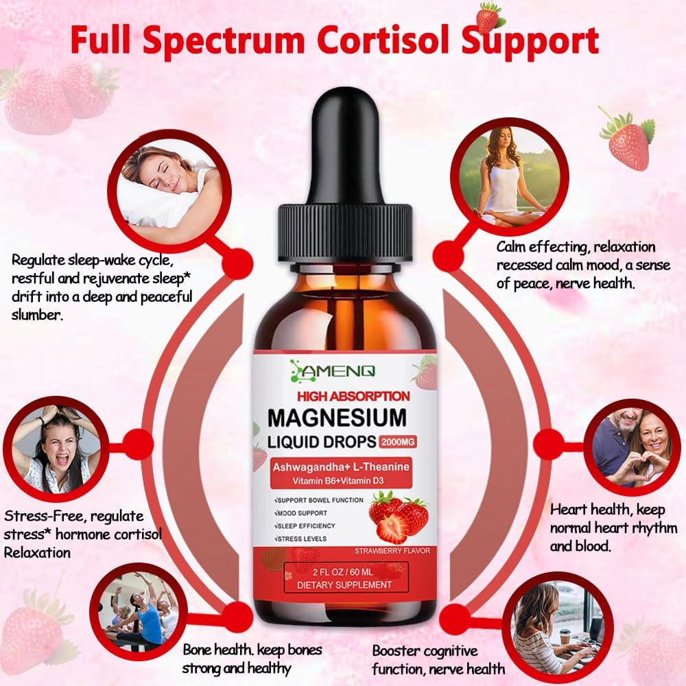 Liquid Cortisol Reducer with Magnesium, Ashwagandha, and L-Theanine - Strawberry Flavored Drink Mix for Balanced Hormones and Relaxation