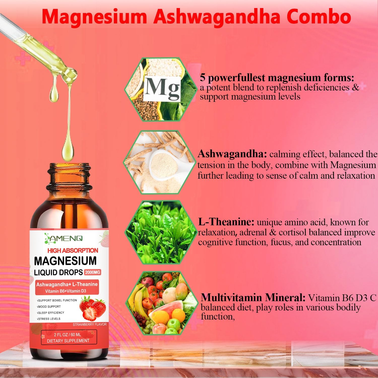 Liquid Cortisol Reducer with Magnesium, Ashwagandha, and L-Theanine - Strawberry Flavored Drink Mix for Balanced Hormones and Relaxation