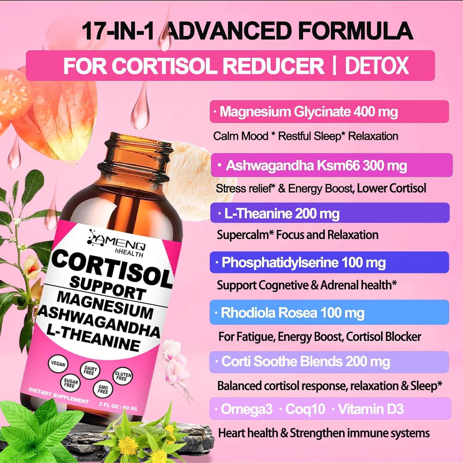 Liquid Cortisol Supplement Drops with 17-in-1 Formula for Hormone Balance, Stress Relief, and Relaxation - Women's Cortisol Reducer with Ashwagandha, Theanine, Rhodiola Rosea, and Magnesium