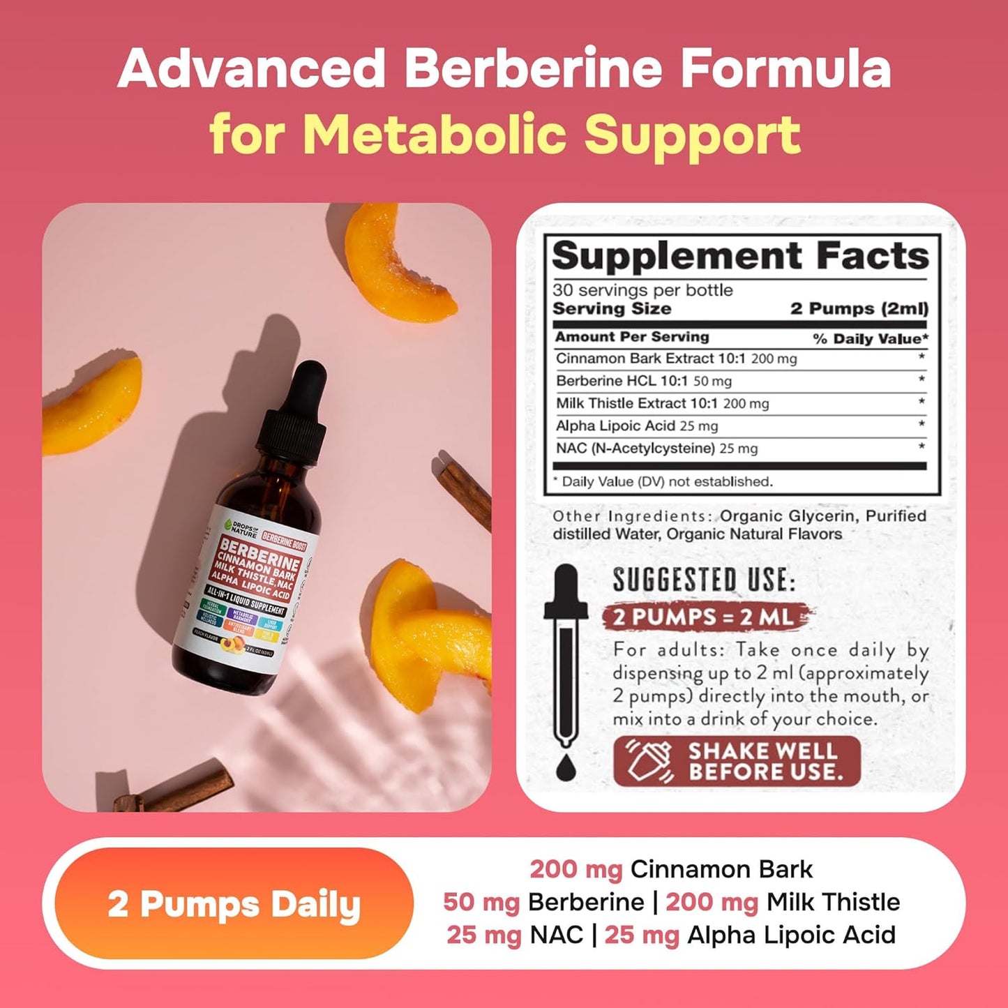 Liquid Drops Berberine Supplement with Milk Thistle, Ceylon Cinnamon, Alpha Lipoic Acid, NAC - Vegan, 4X Absorption, Liver Support & Holistic Wellness - Peach Flavor, 60mL