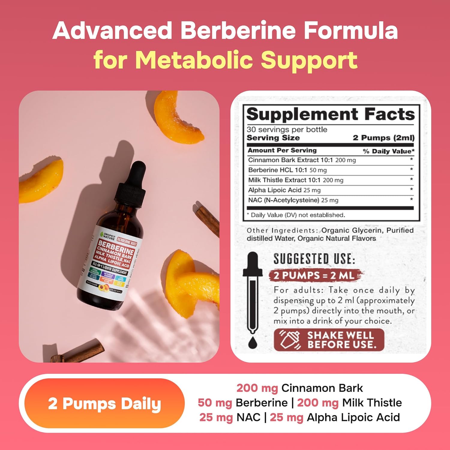 Liquid Drops Berberine Supplement with Milk Thistle, Ceylon Cinnamon, Alpha Lipoic Acid, NAC - Vegan, 4X Absorption, Liver Support & Holistic Wellness - Peach Flavor, 60mL