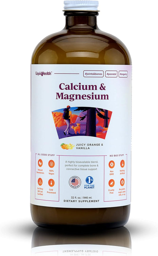 Liquid Health Calcium and Magnesium Supplement for Adults - Supports Bone, Joint, Muscle, and Heart Health - Essential Nutrients - Vegan, Non GMO, Sugar-Free - Great Taste - 32 oz