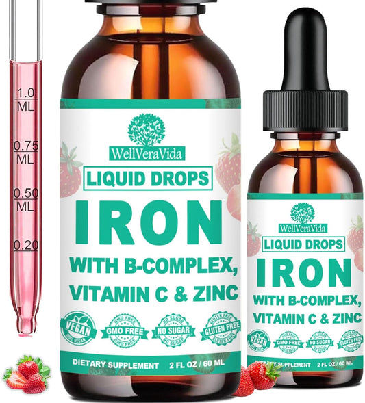 Liquid High Potency Iron Supplement with Vitamin C, B12, and B-Complex - Blood Builder for Anemia, Fatigue, Red Blood Cell Support - Vegan Formula for Women, Men, and Kids - Gentle Iron Supplement