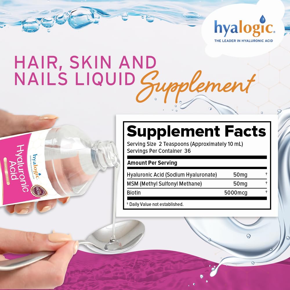 Liquid Hyaluronic Acid Supplement with Biotin and MSM for Healthy Hair, Skin, and Nails - Natural Hydration for Whole Body - 12 oz Bottle