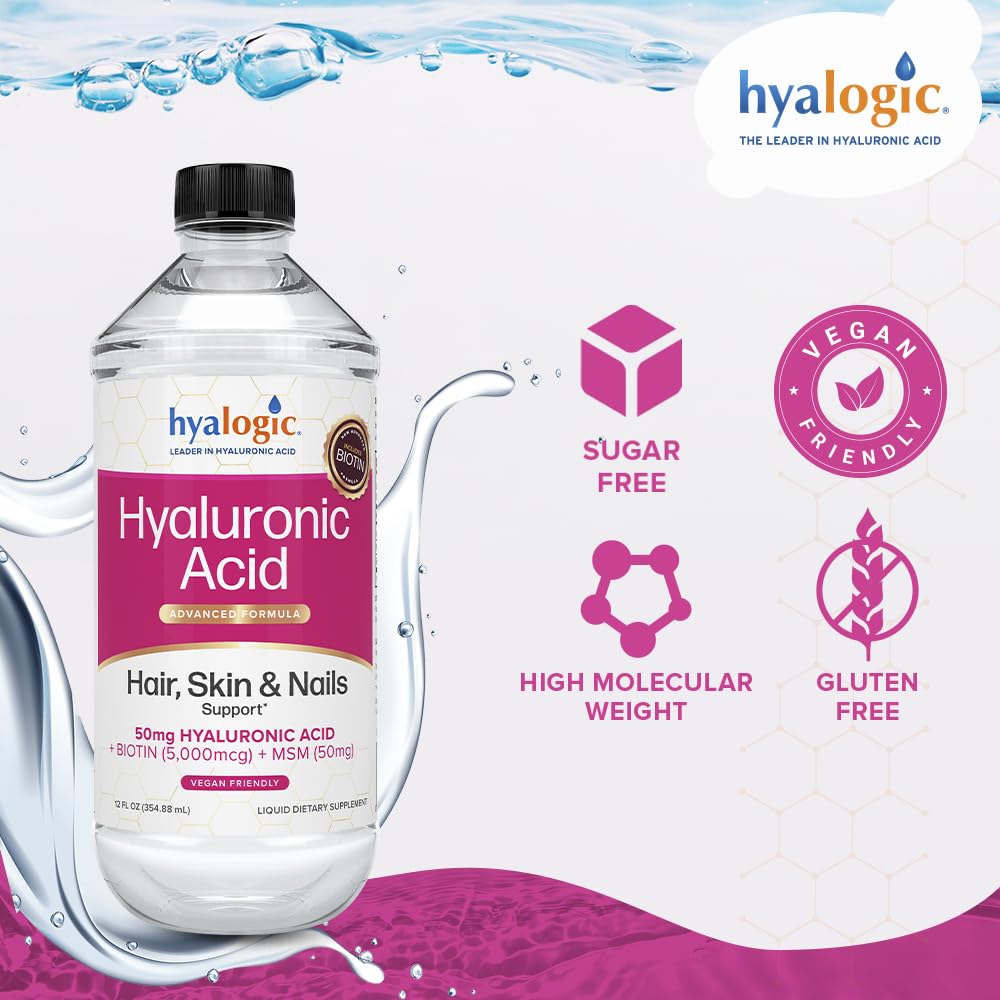 Liquid Hyaluronic Acid Supplement with Biotin and MSM for Healthy Hair, Skin, and Nails - Natural Hydration for Whole Body - 12 oz Bottle