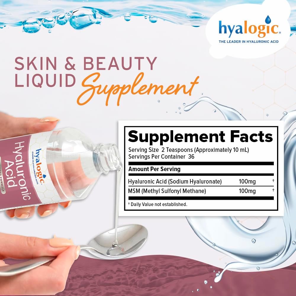 Liquid Hyaluronic Acid Supplement with MSM for Skin Hydration - 100mg HA & MSM - High Molecular Weight Formula - 12 oz