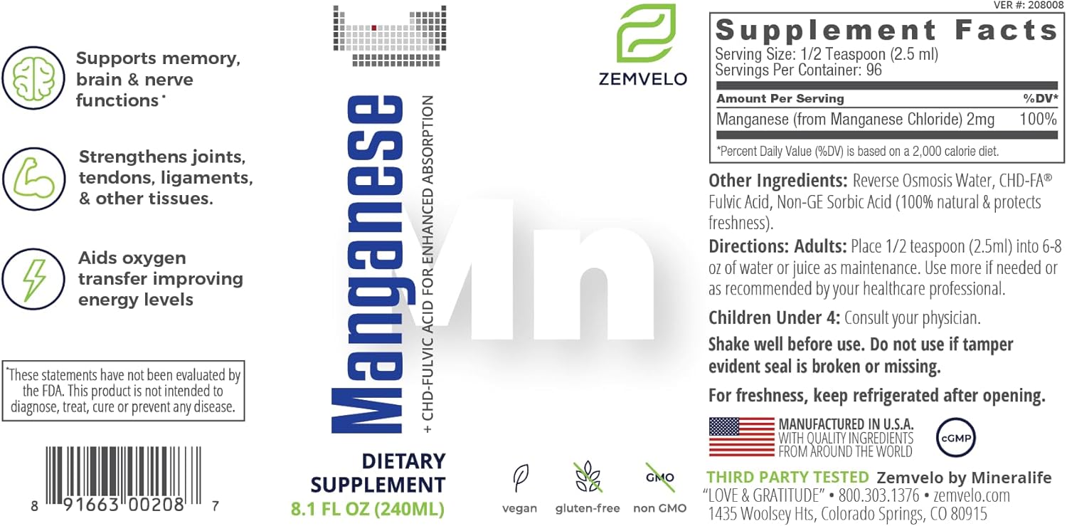 Liquid Ionic Manganese Supplement for Joint, Energy, and Muscle Support - Women's and Men's Health - Adult Supplement for Healthy Aging