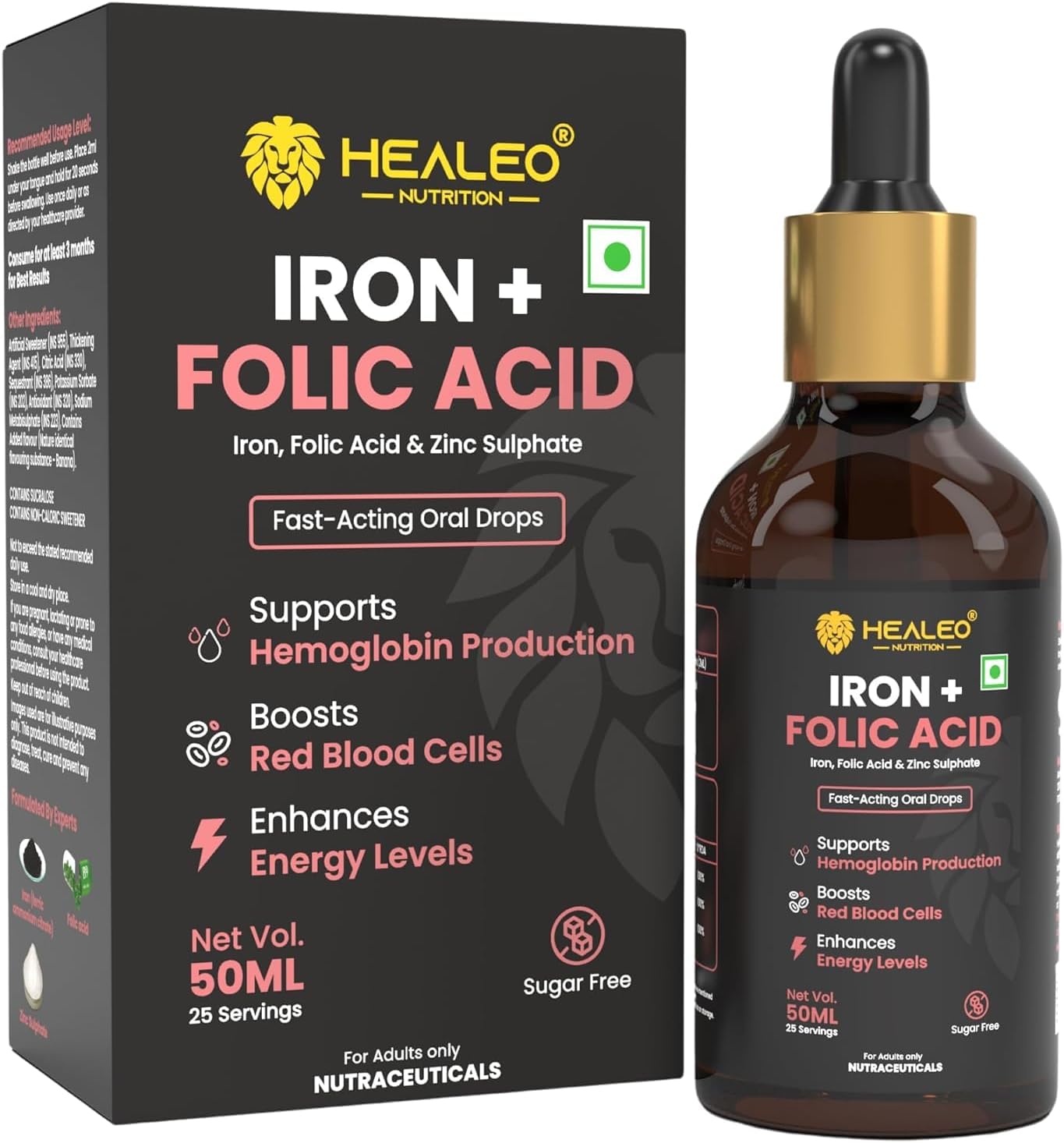 Liquid Iron + Folic Acid Drops with Zinc for Hemoglobin Boost and Blood Building - Fast Acting 50ml Oral Supplement for Women and Men