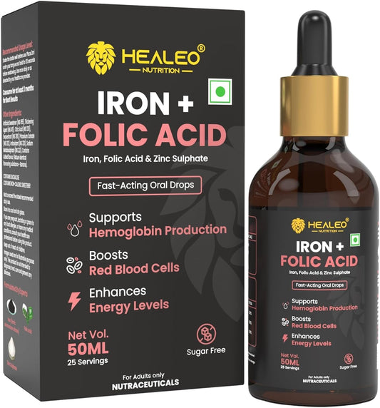 Liquid Iron + Folic Acid Drops with Zinc for Hemoglobin Boost and Blood Building - Fast Acting 50ml Oral Supplement for Women and Men