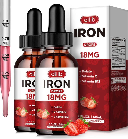 Liquid Iron Supplement (2 Pack) for Women & Men - Iron Drops with Folate, Vitamin C, B12 for Red Blood Cell Support - Strawberry Flavor - 4 Fl Oz