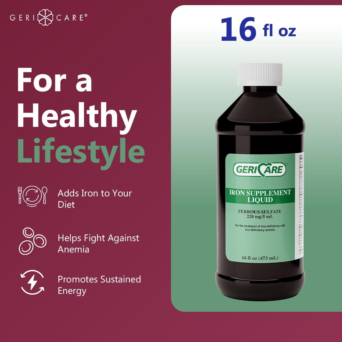 Liquid Iron Supplement for Anemia & Iron Deficiency - 220mg Iron Per 5mL Dose - High Potency Formula for Adults - GeriCare 220 (1 Pack)
