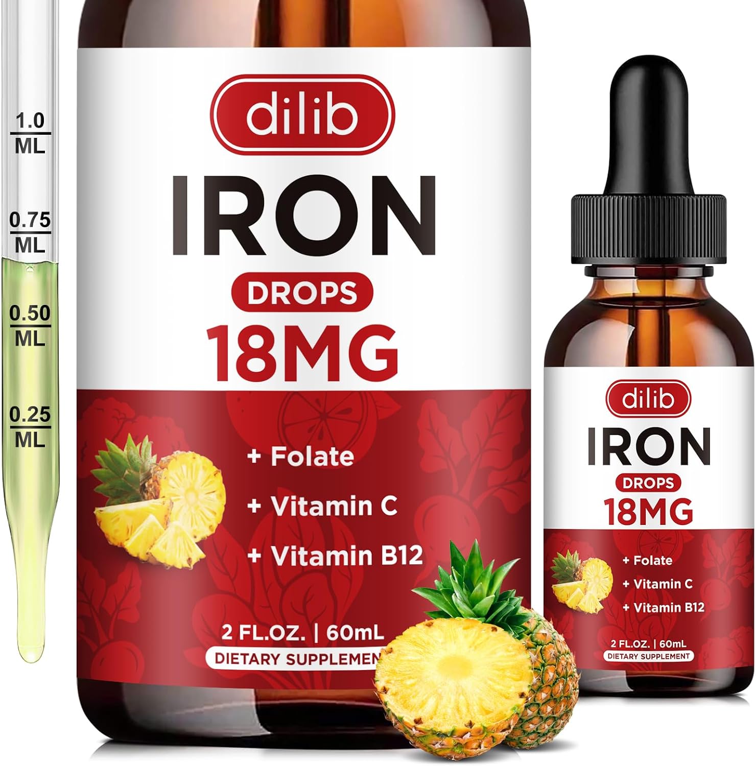 Liquid Iron Supplement for Anemia Support - Pineapple Flavored Iron Drops with Folate, Vitamin C, B12 - 2 Fl Oz Bottle for Men & Women