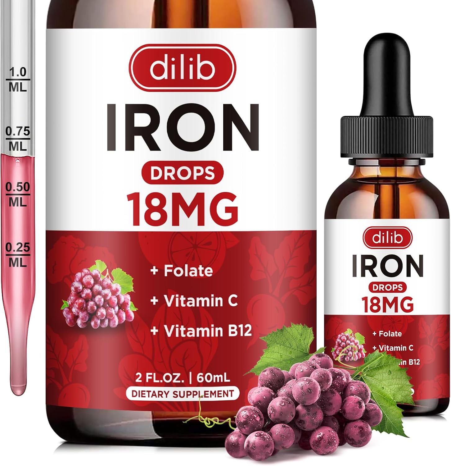 Liquid Iron Supplement for Anemia Support with Folate, Vitamin C, B12 - Grape Flavor, 2 Fl Oz