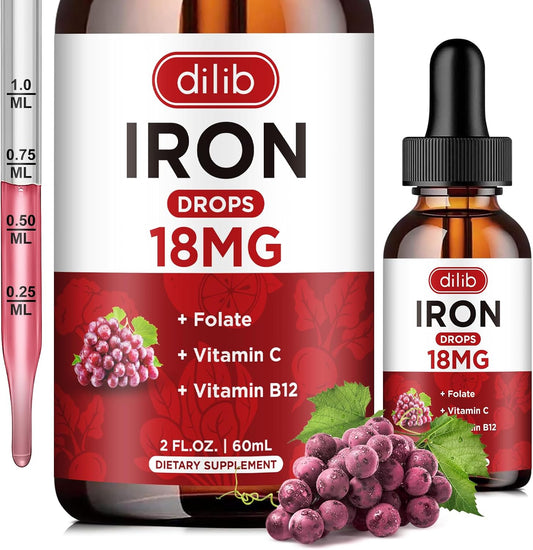 Liquid Iron Supplement for Anemia Support with Folate, Vitamin C, B12 - Grape Flavor, 2 Fl Oz