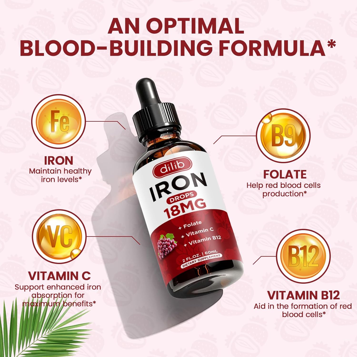Liquid Iron Supplement for Anemia Support with Folate, Vitamin C, B12 - Grape Flavor, 2 Fl Oz