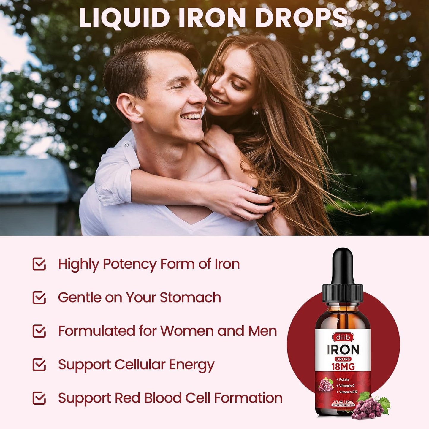 Liquid Iron Supplement for Anemia Support with Folate, Vitamin C, B12 - Grape Flavor, 2 Fl Oz
