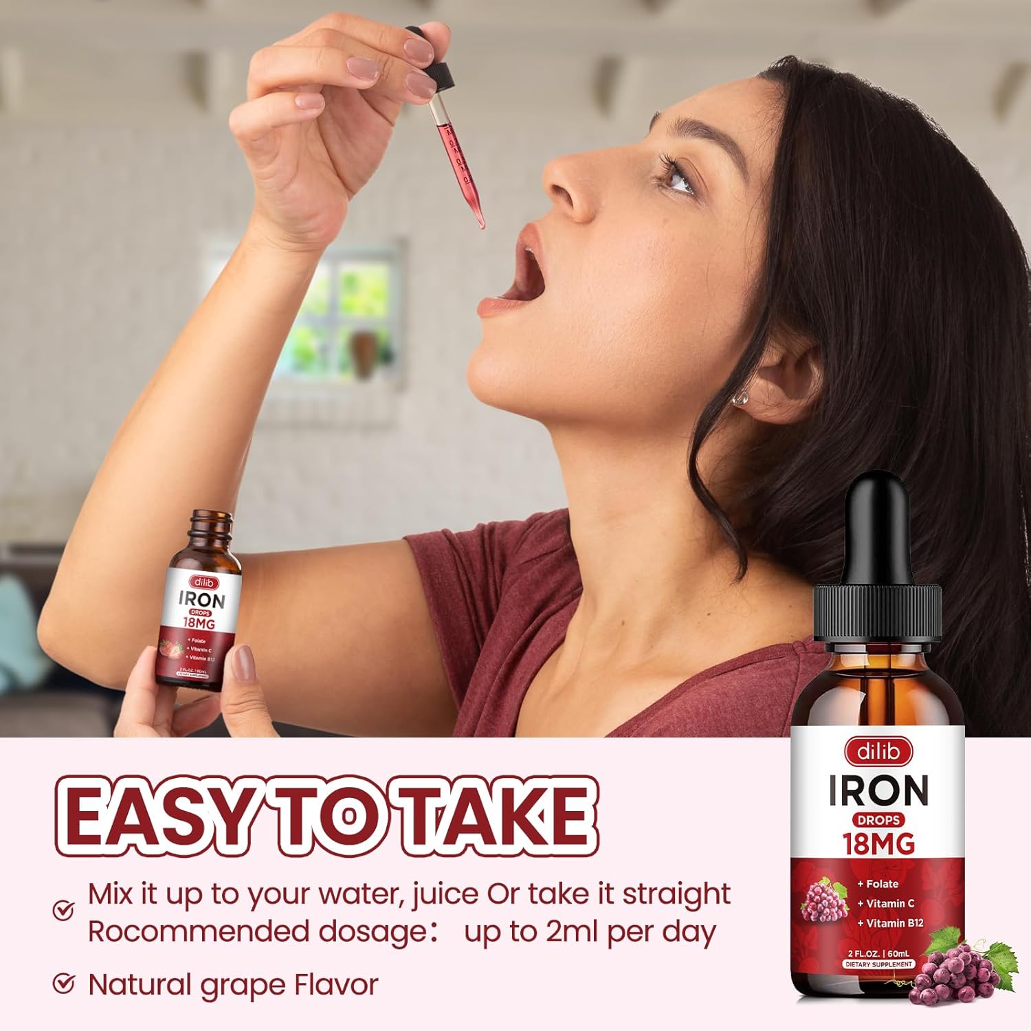 Liquid Iron Supplement for Anemia Support with Folate, Vitamin C, B12 - Grape Flavor, 2 Fl Oz