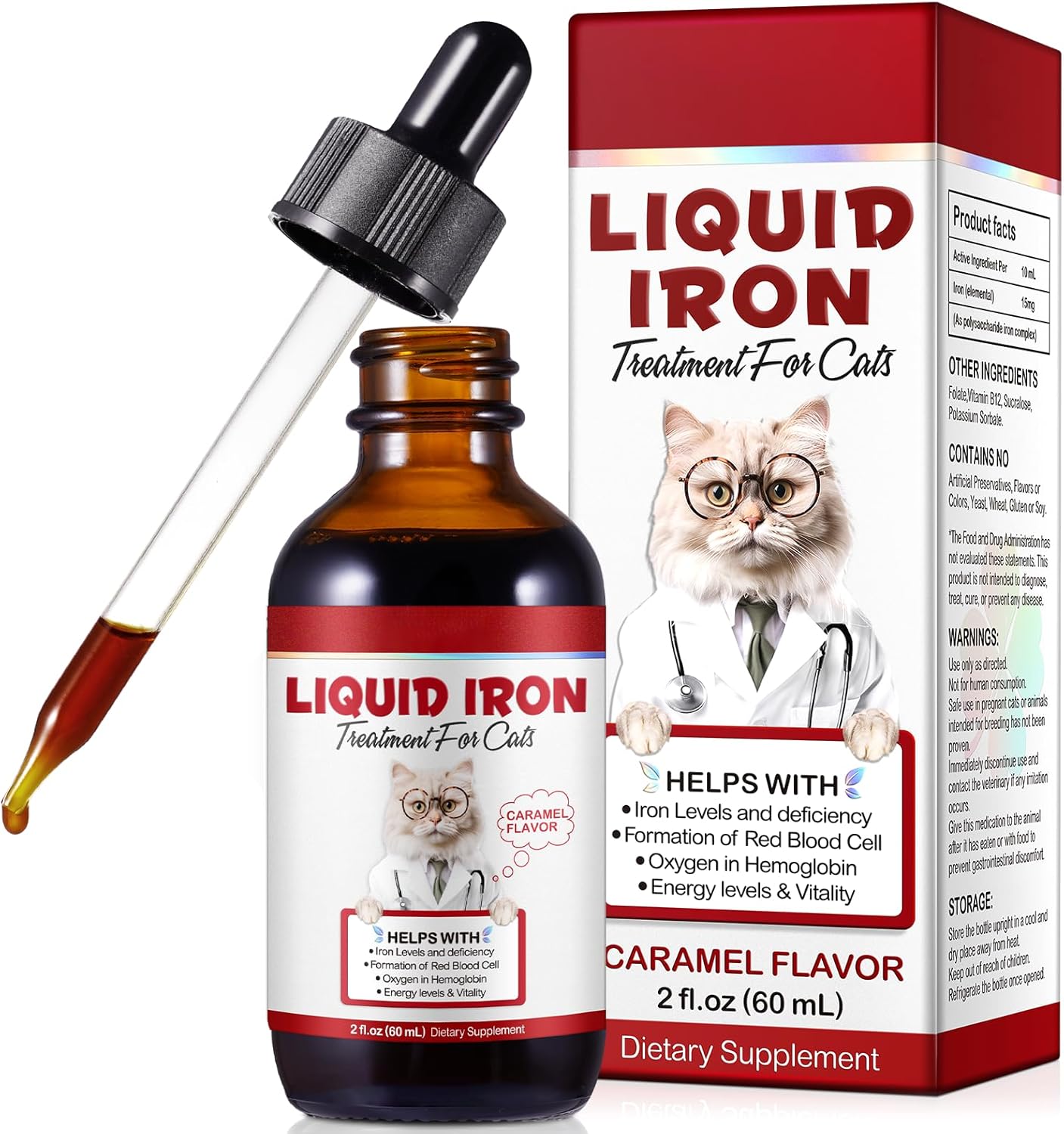 Liquid Iron Supplement for Cats - 60ML with Folate & B12 to Support Anemia & Energy Levels, Promotes Red Blood Cell Formation & Blood Health