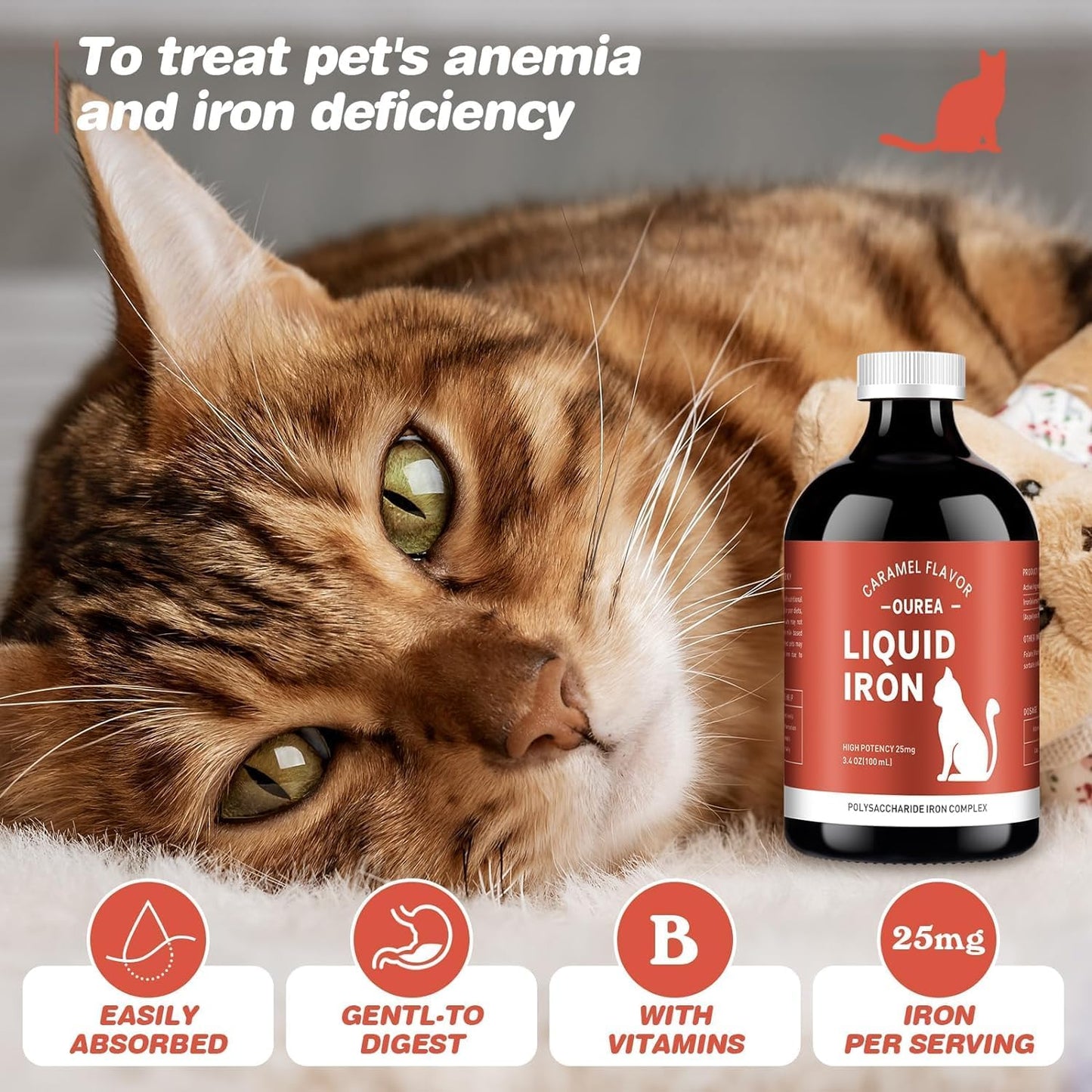 Liquid Iron Supplement for Cats - Supports Anemia, Promotes Healthy Red Blood Cells, Boosts Energy and Vitality - 3.4oz