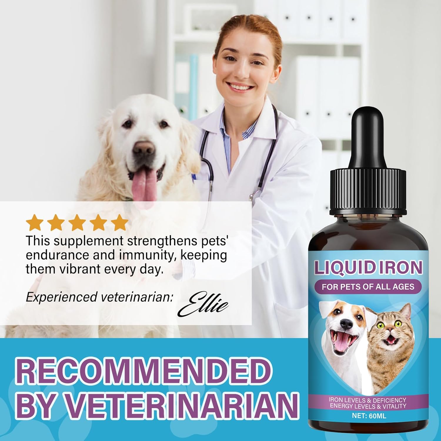 Liquid Iron Supplement for Pets - Boosts Energy, Fights Anaemia, Supports Blood Health with Vitamin C and B12