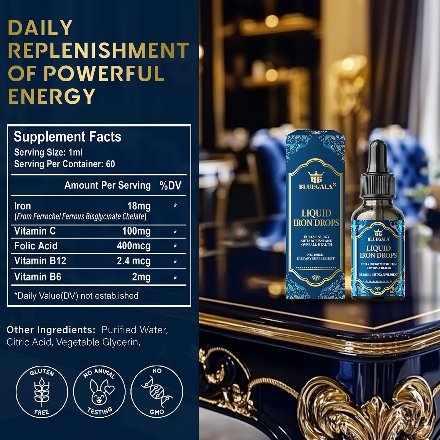 Liquid Iron Supplement for Women - BLUEGALA Iron Drops, Fast Absorption, Immune Enhancement, Daily Iron Support, Vegan & Non-GMO - 2.1 Fl Oz