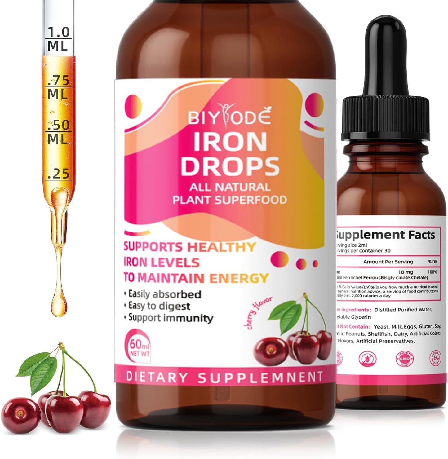Liquid Iron Supplement for Women and Men - BIYODE Iron Drops for Red Blood Cells, Energy, Anemia, and Fatigue