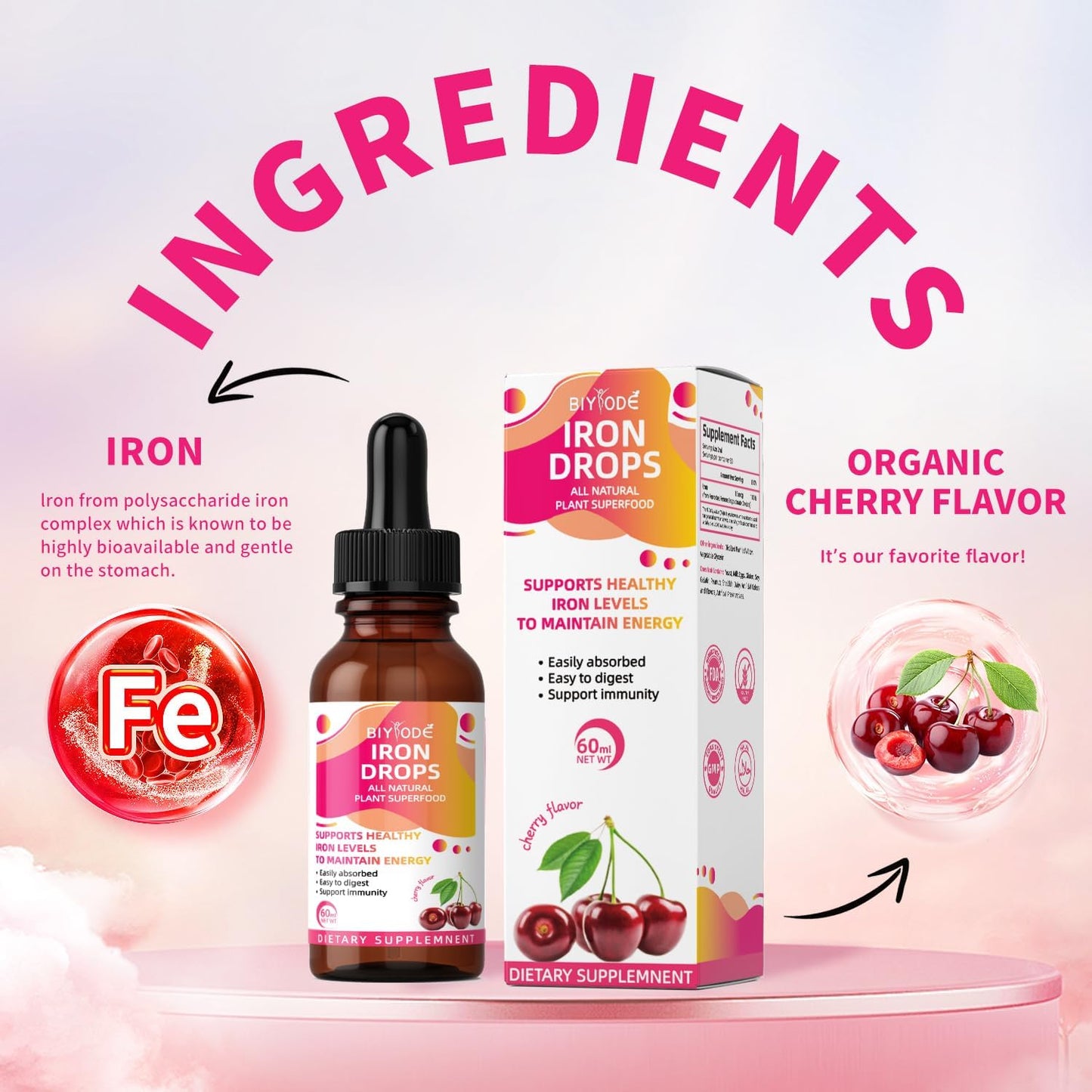 Liquid Iron Supplement for Women and Men - BIYODE Iron Drops for Red Blood Cells, Energy, Anemia, and Fatigue