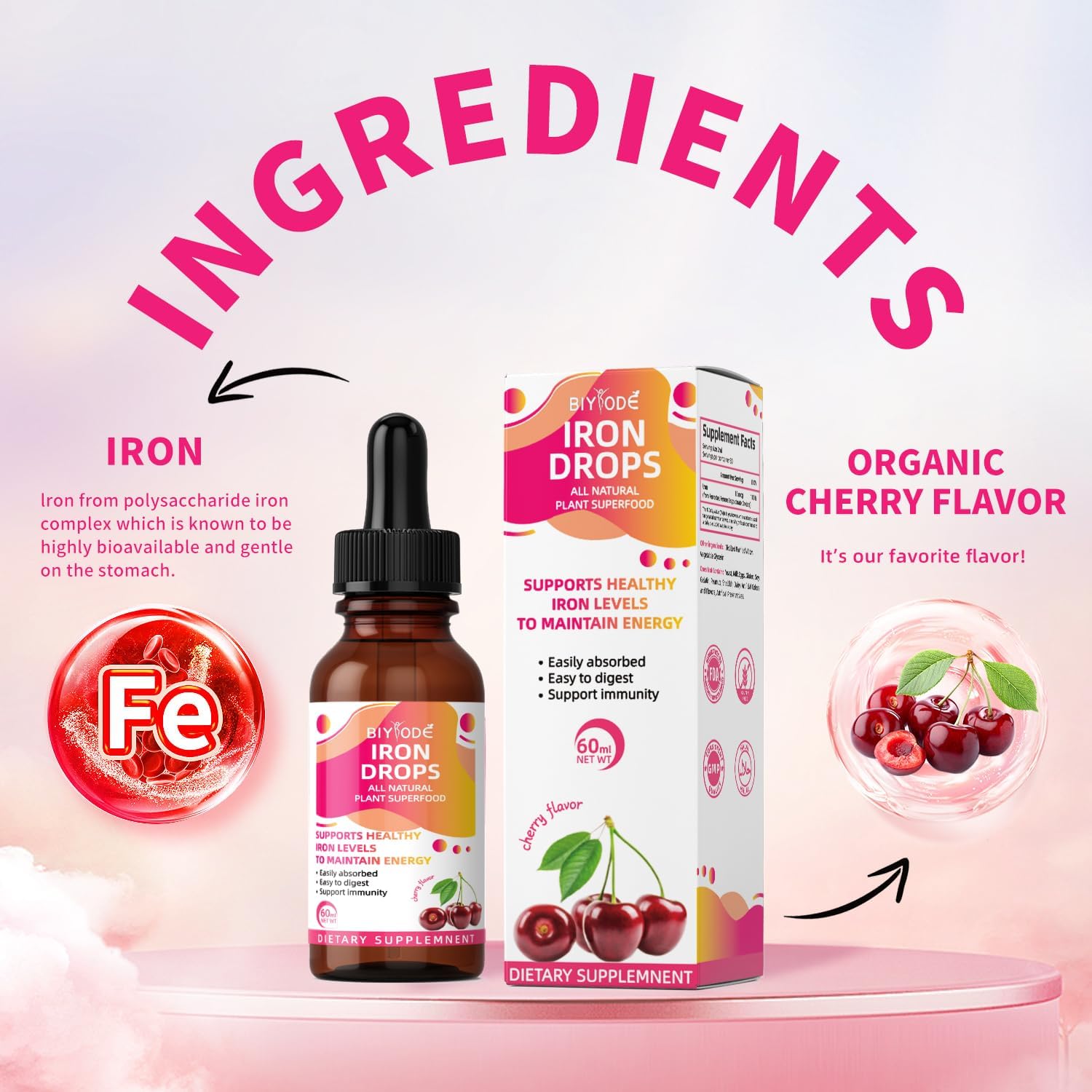 Liquid Iron Supplement for Women and Men - BIYODE Iron Drops for Red Blood Cells, Energy, Anemia, and Fatigue
