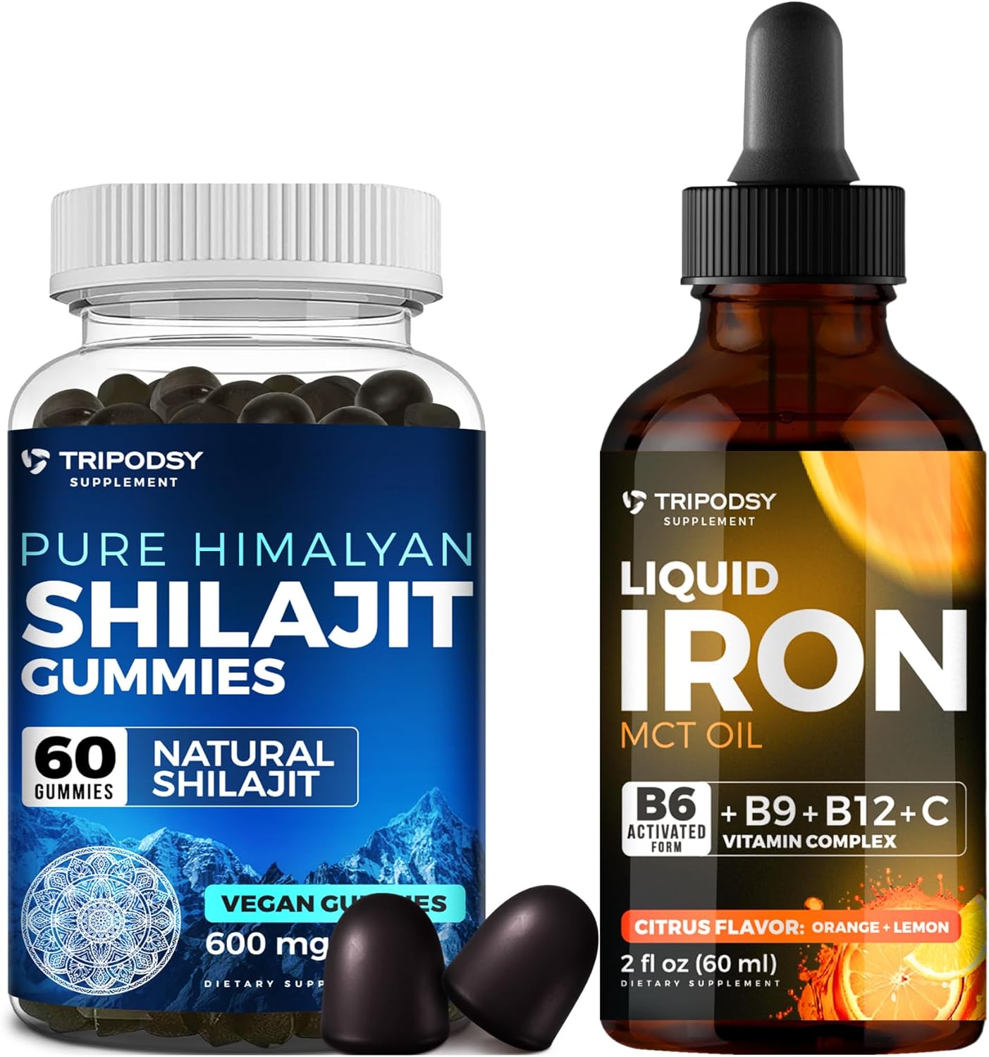 Liquid Iron Supplement & Organic Shilajit Gummies Bundle for Energy & Immune Support - Non-GMO Vegan Health Pack - 60 Gummies & 30 Servings