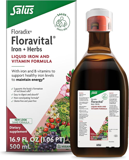 Liquid Iron Supplement with B Complex Vitamins, Vitamin C & Herbs - Vegan Energy Support Formula - Floradix Floravital - 17 fl oz